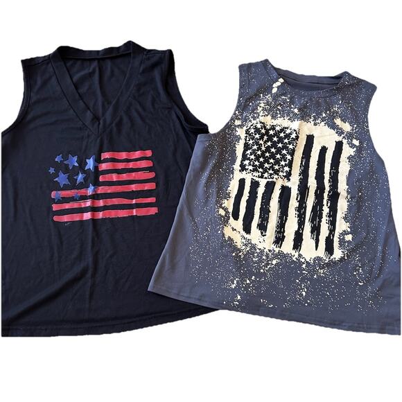 Women American Flag Tank Tops 4th July SOFT Shirts Patriotic Boho MED Lot Of 2 - Picture 1 of 9